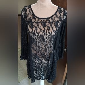 Mauve~Floral Lace Black Bell Sleeve Sheer Tunic Swim Cover Up